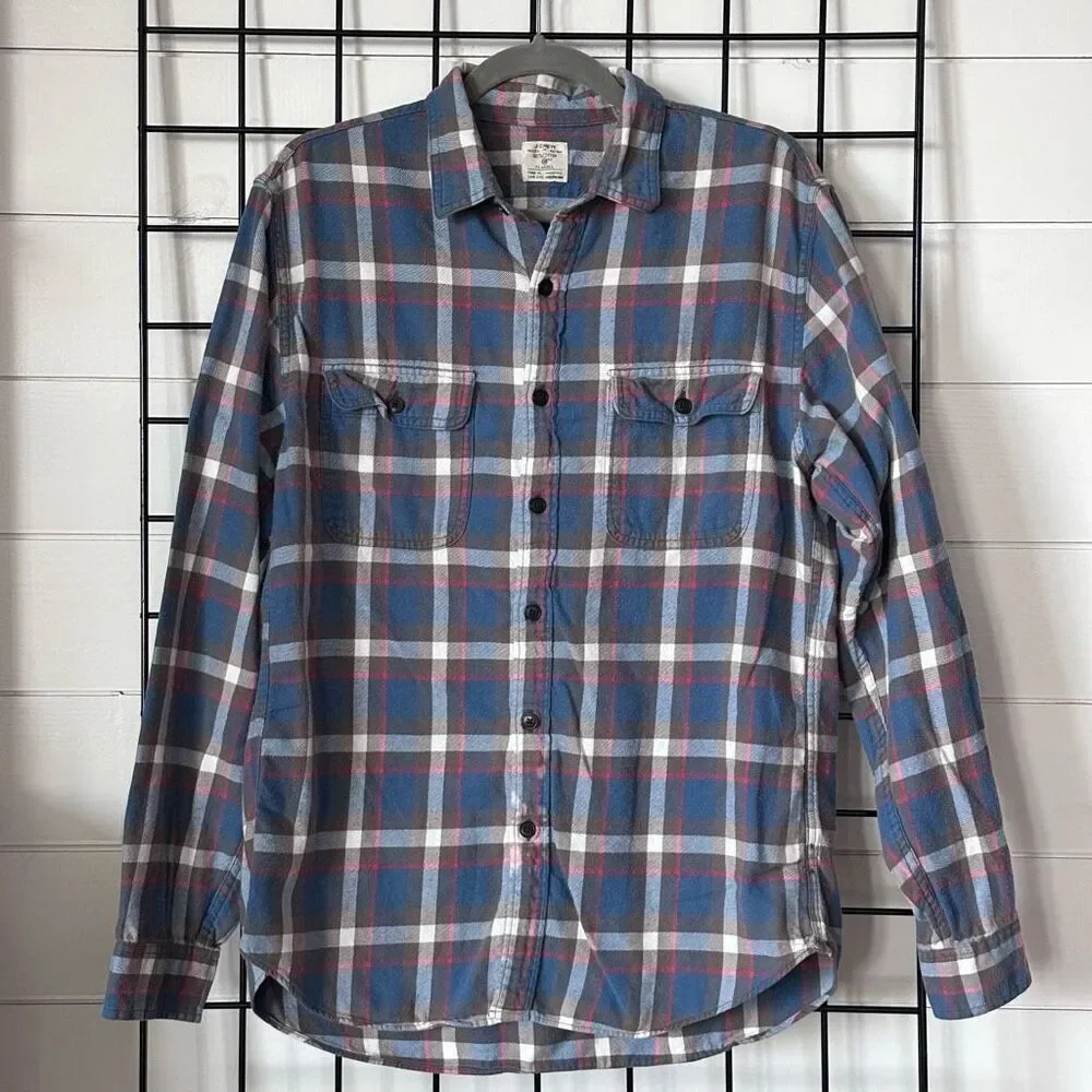 J. Crew Flannel Button Up Shirt‎ Mens M Red Blue LS Plaid Gorpcore Outdoor